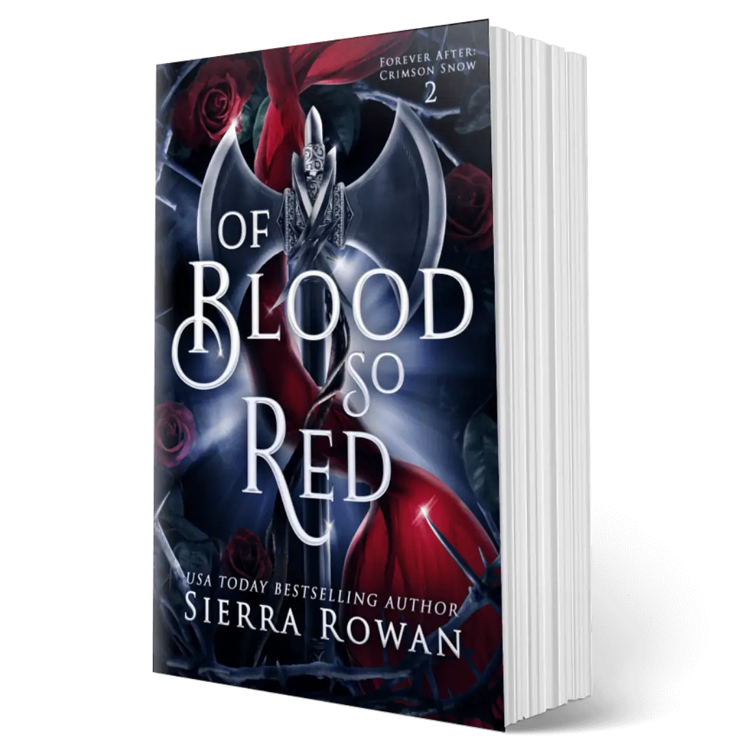 Paperback cover for Of Blood So Red by Sierra Rowan, book two of the Forever After: Crimson Snow series, a reverse harem fantasy romance and fairytale retelling of Snow White